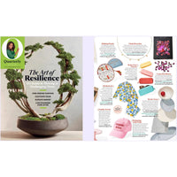 Magazine spread with a bonsai tree and lifestyle article on resilience.