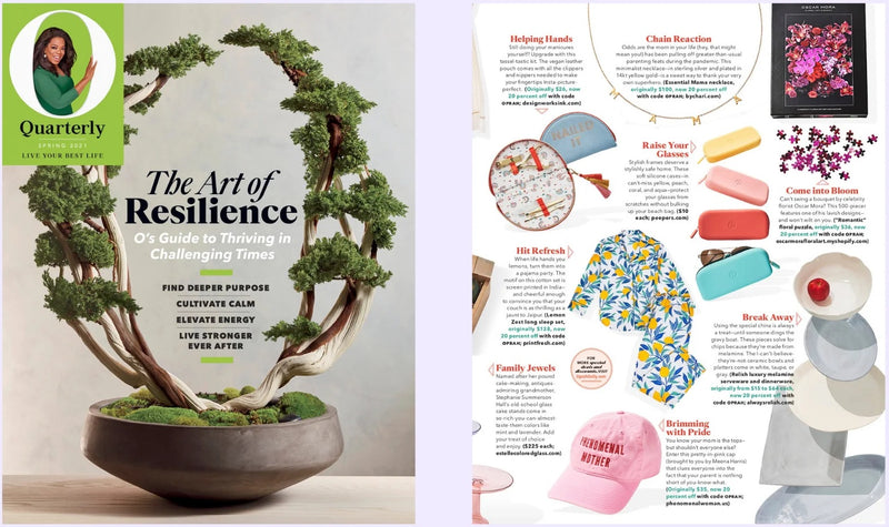 Magazine spread with a bonsai tree and lifestyle article on resilience.