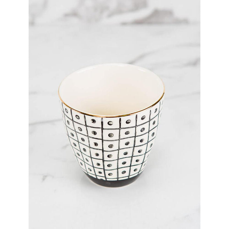 black and white decorative print cups gold rim