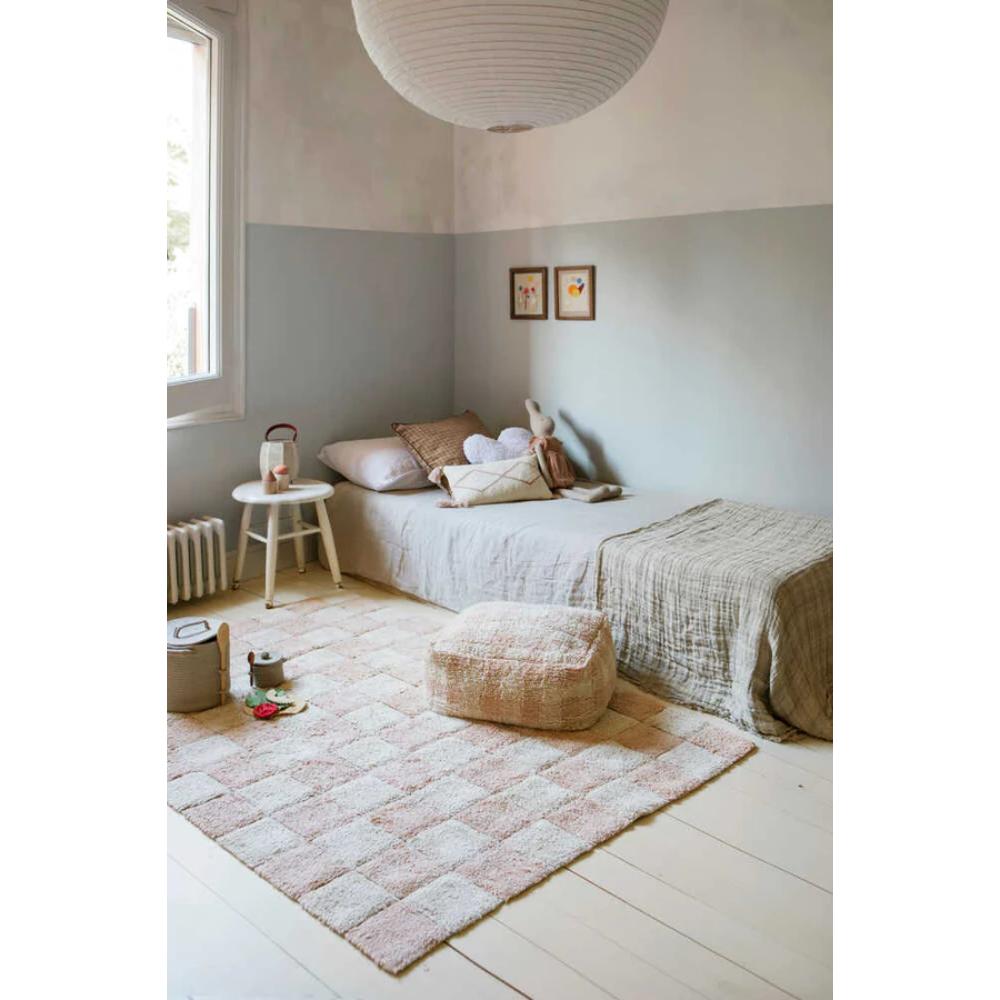 checkered square floor pouf rose white 