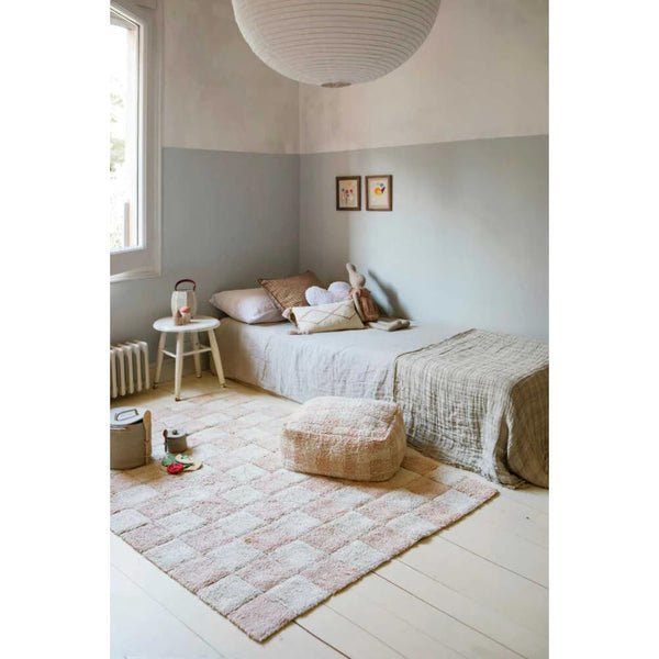 checkered square floor pouf rose white 