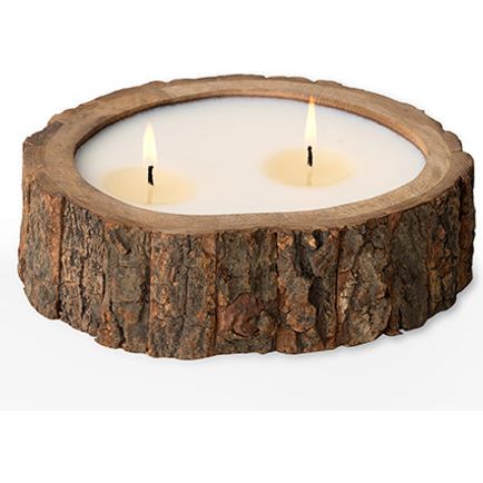 round candle 2 wick tree bark edges
