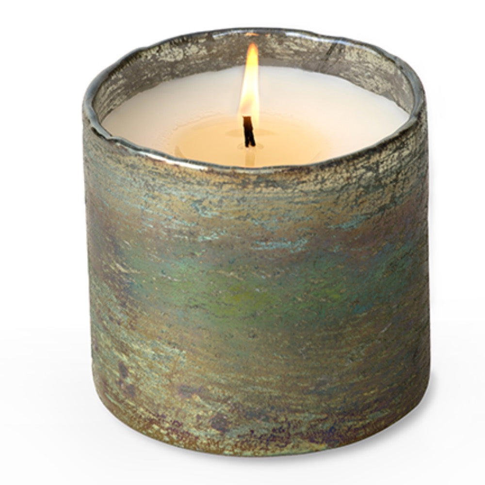 mossy green artisan blown glass tumbler candle
