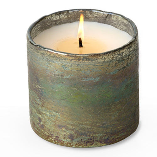 mossy green artisan blown glass tumbler candle