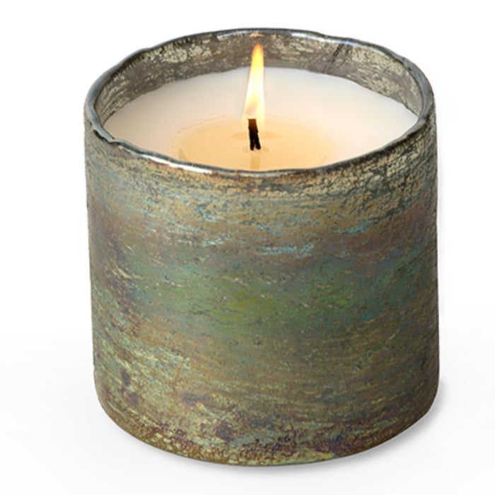 mossy green artisan blown glass tumbler candle