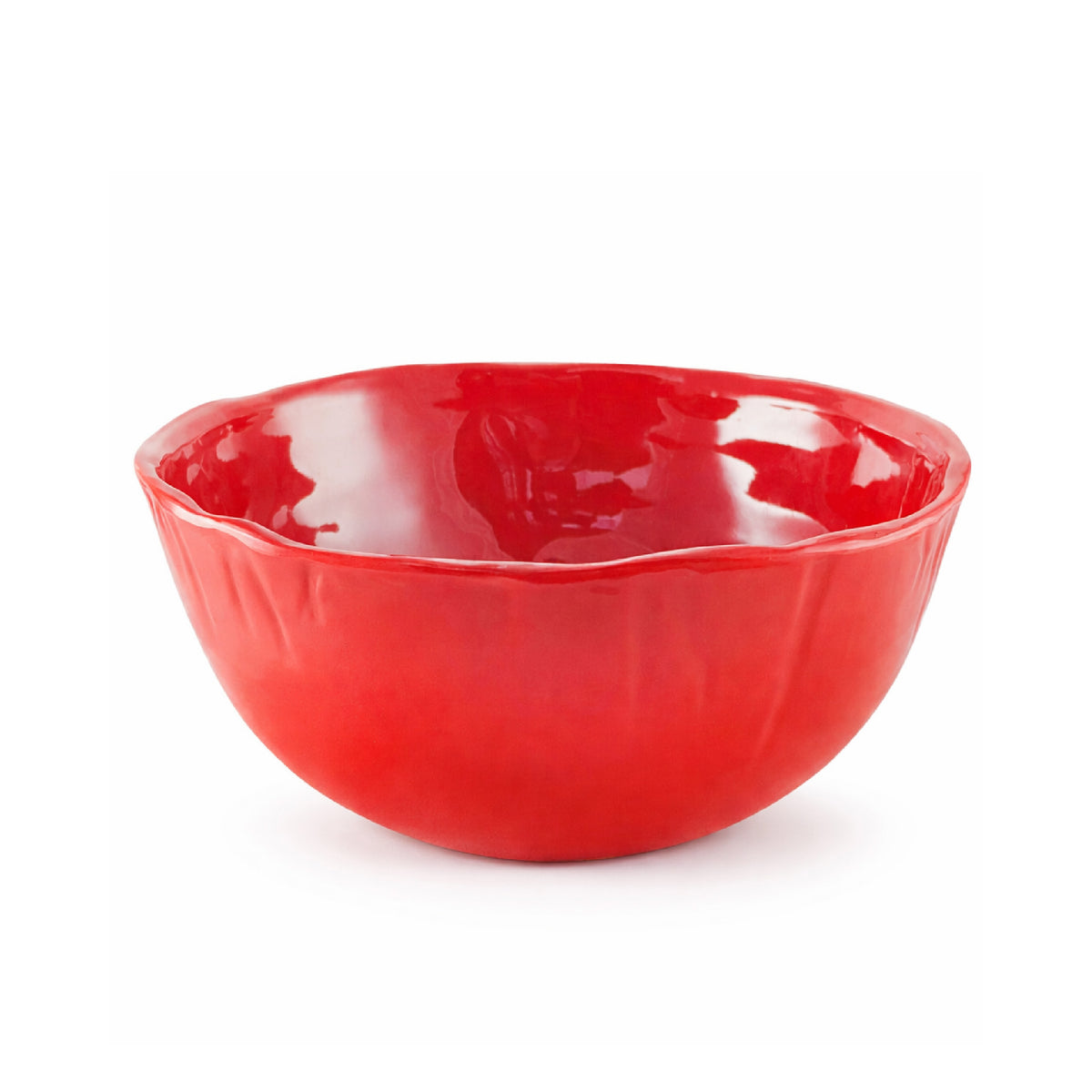 Always Relish Red Melamine Salad Bowls (set of 4) feature a shiny finish and wavy rim, shown on a white background.