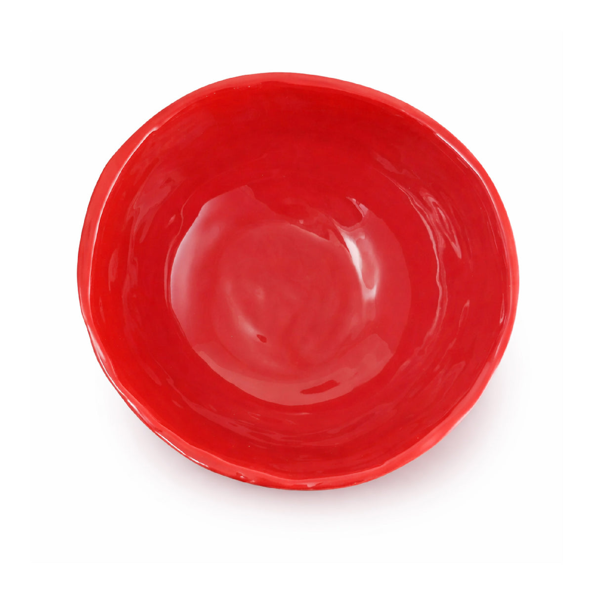 Always Relish Red Melamine Salad Bowls (set of 4) shown empty and shiny, viewed from above on a white background.