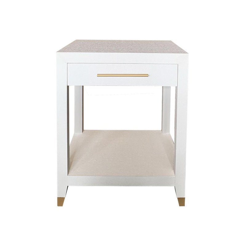 off-white raffia wrapped side table nightstand 1 drawer lower shelf brass hardware