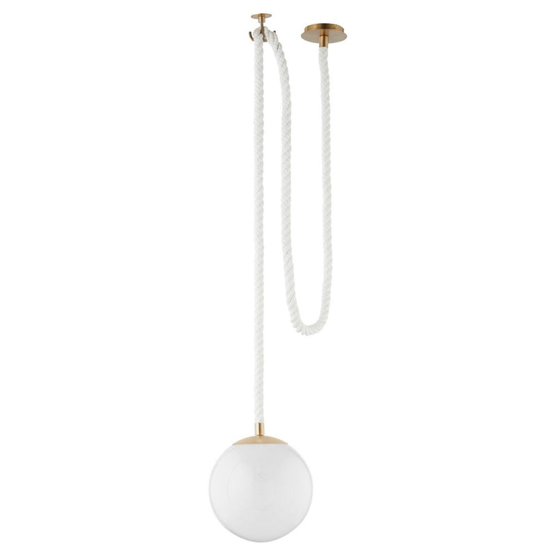 pendant light milky white round bulb aged brass metal white cotton nautical rope