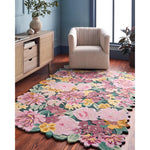 floral area rug bright wool hand tufted pink green yellow