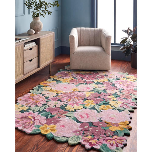 floral area rug bright wool hand tufted pink green yellow