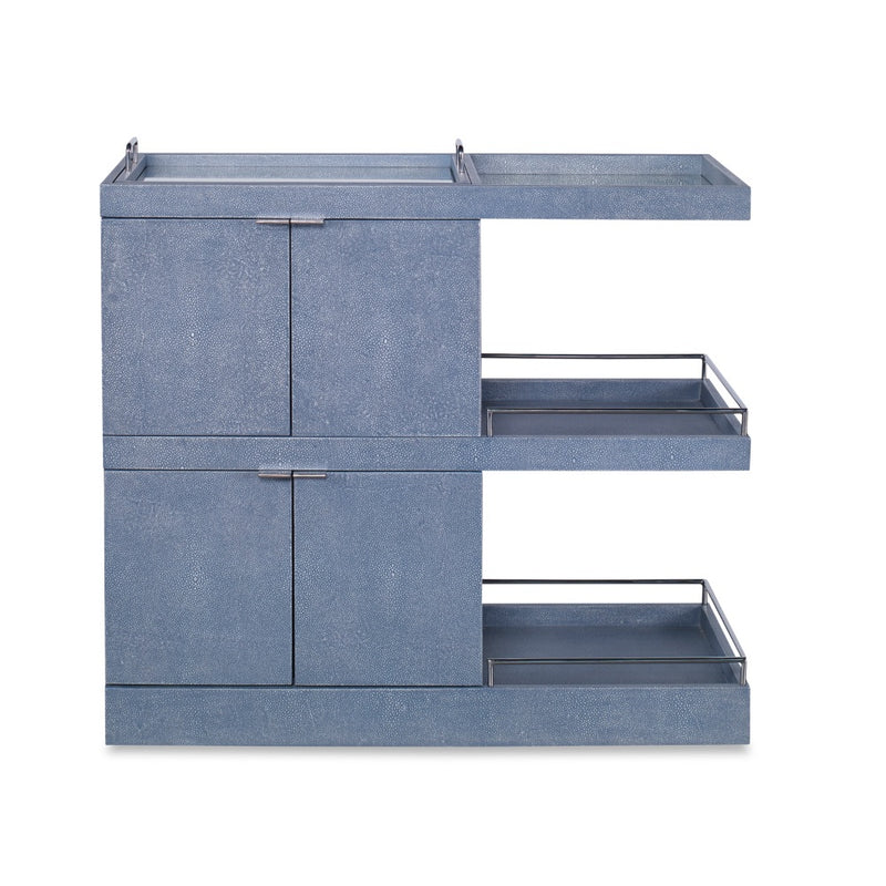 bar cart denim blue shagreen leather casters removable tray polished nickel trim 4 doors exposed shelves