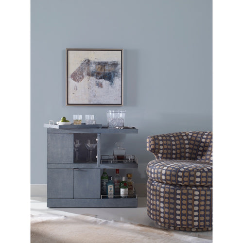 bar cart denim blue shagreen leather casters removable tray polished nickel trim 4 doors exposed shelves