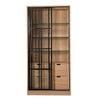 light wood cabinet sliding glass doors shelves drawers