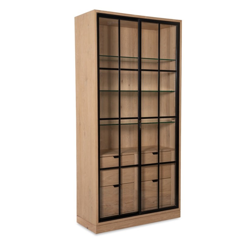 light wood cabinet sliding glass doors shelves drawers