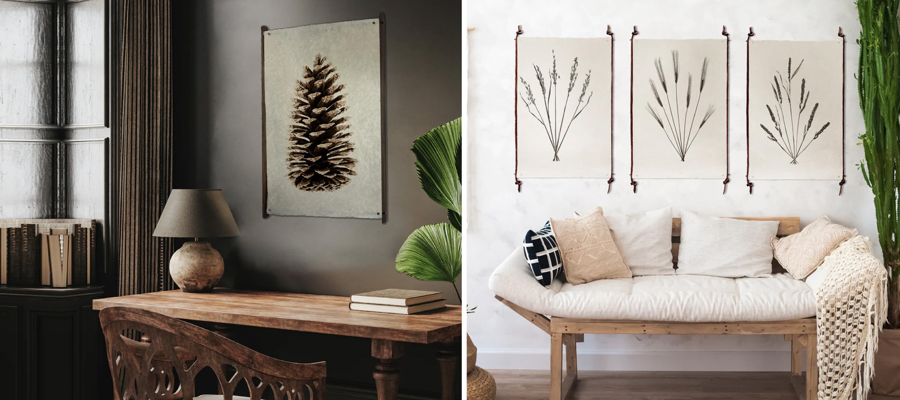 A wooden desk with a pinecone print on the wall (left) and a cozy bench with botanical prints above (right).