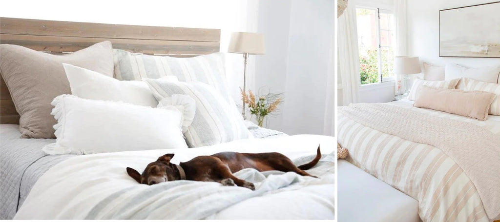 Bedroom settings with light colored and white bedding