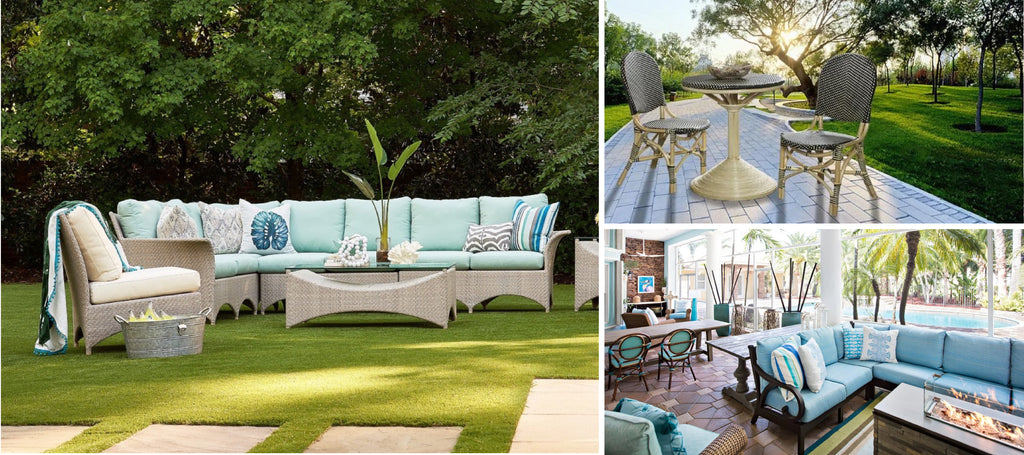 Collage of three collections of outdoor seating and dining furniture 