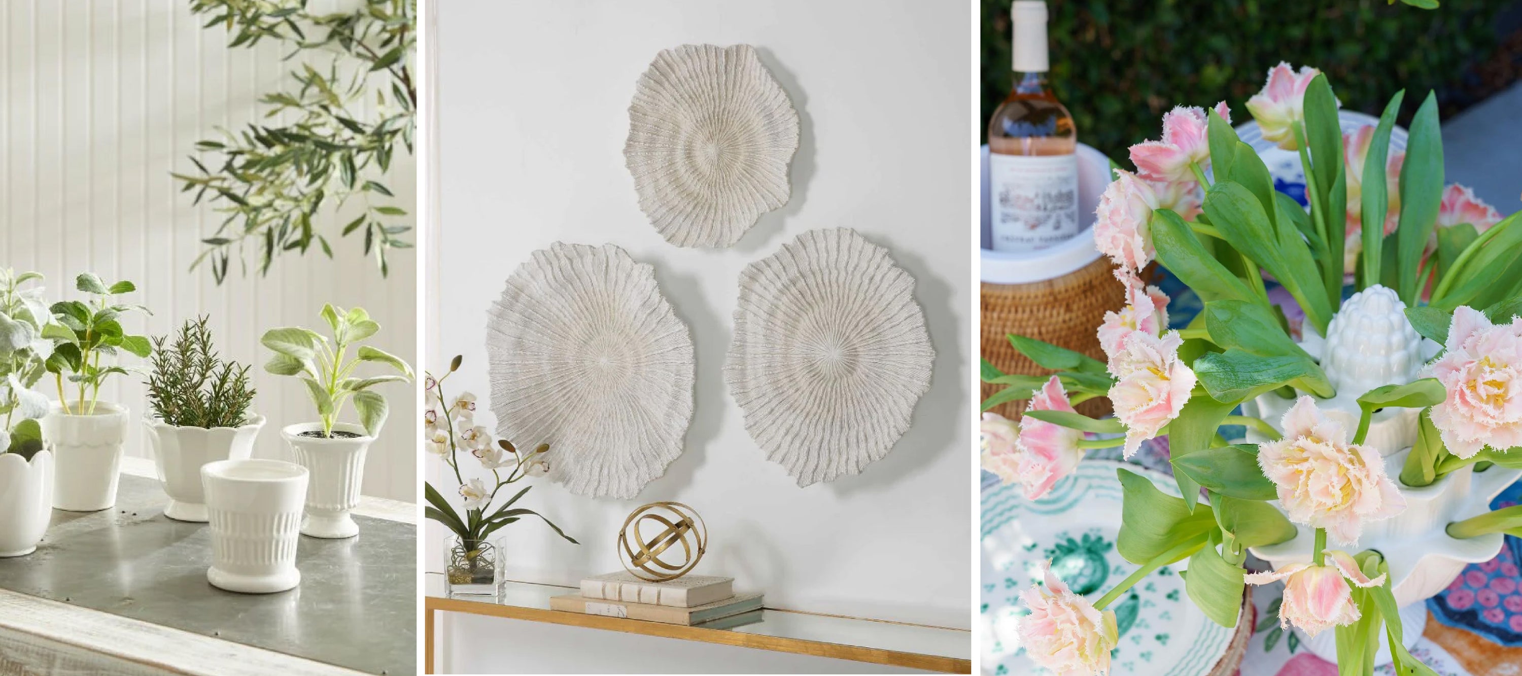 White and light colored tabletop vases with white wall accents styled as sea fans