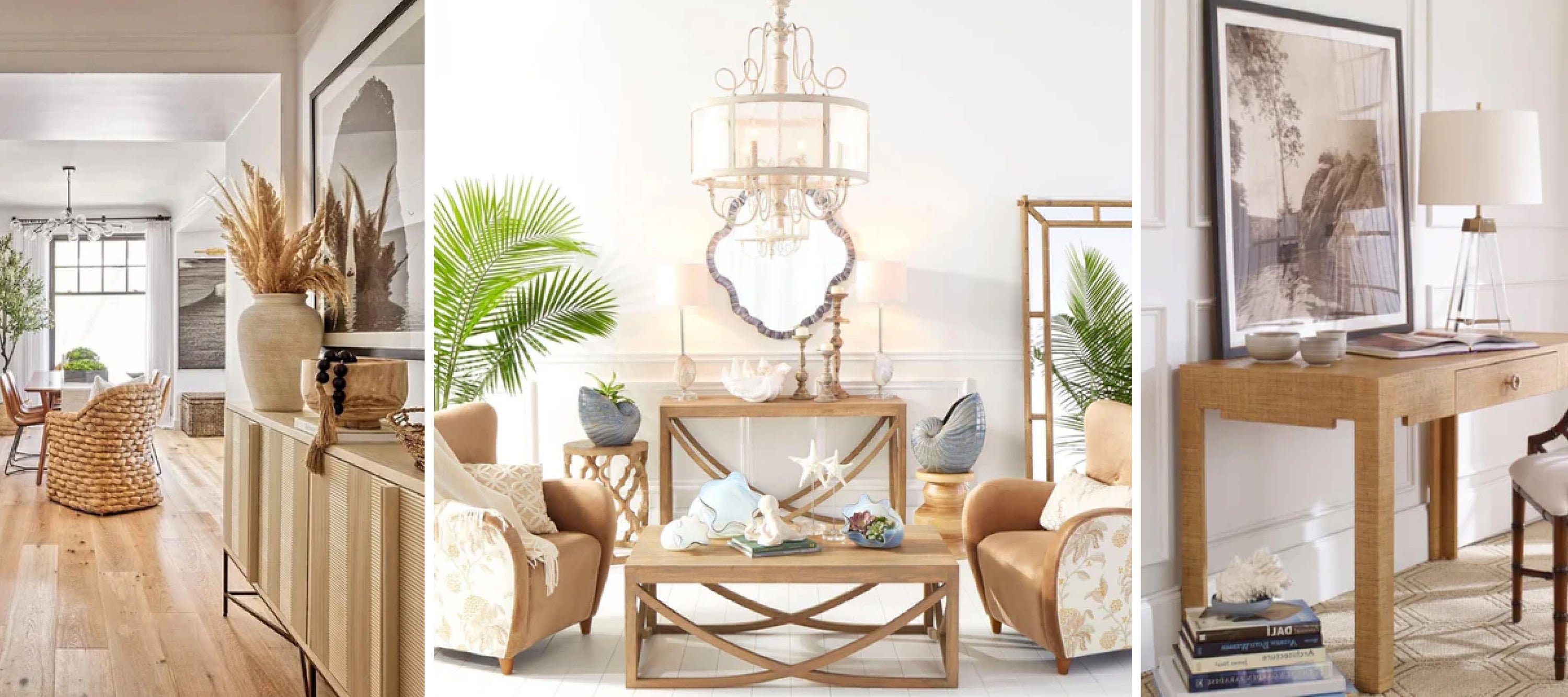 A cozy, rustic living space with wooden furniture, beige tones, potted plants, and decorative items creating an inviting atmosphere.