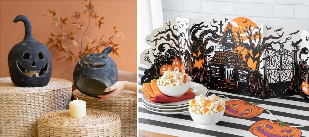 Left: Two black jack-o'-lanterns and a candle on wicker stools. Right: Halloween-themed table setup with snacks and decorations.