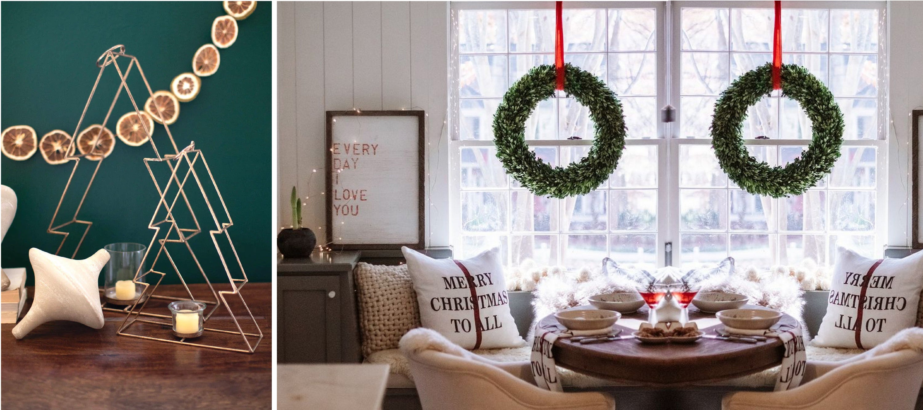 Left: Wire Christmas tree decor on a table; Right: Festive dining room with wreaths and holiday-themed pillows.