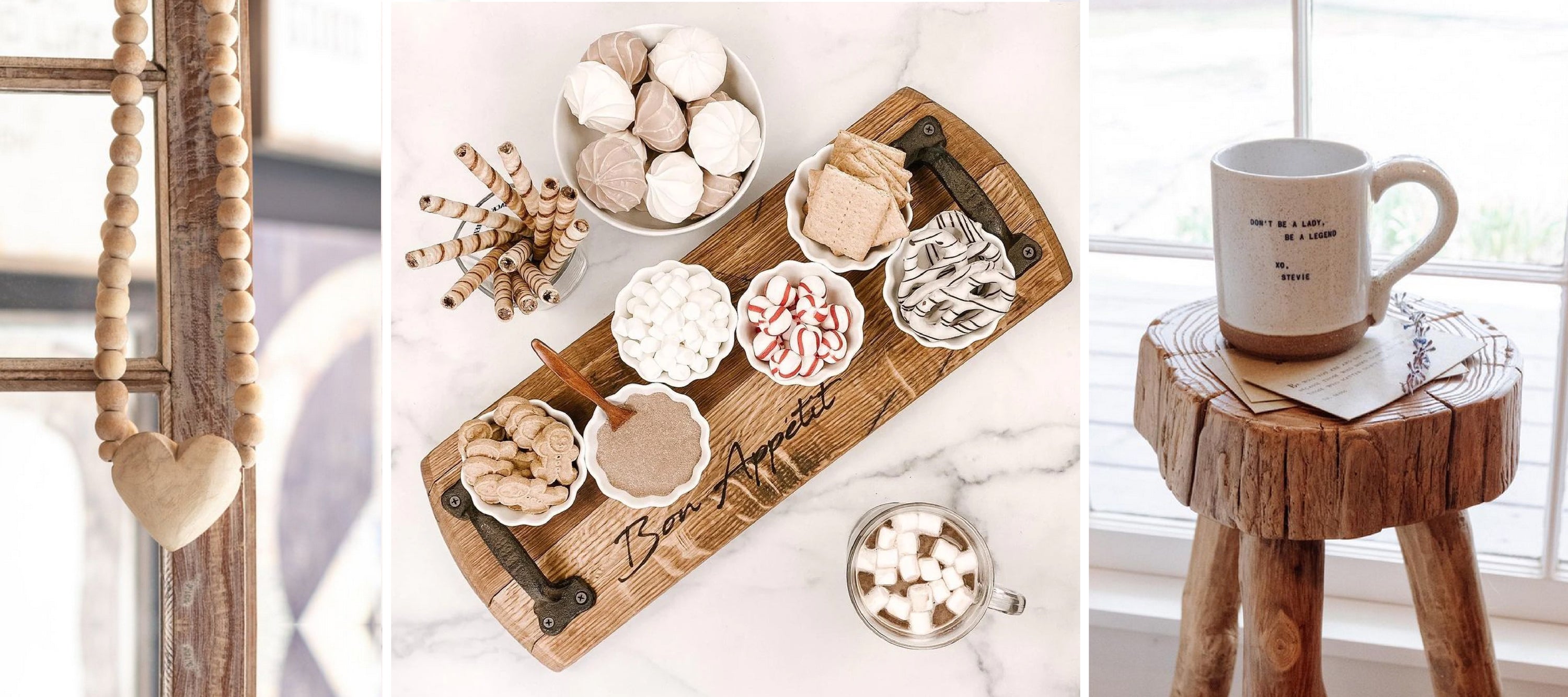 Wooden board with snacks and drinks, a mug on a stool, and a heart decoration hanging on a wooden frame.
