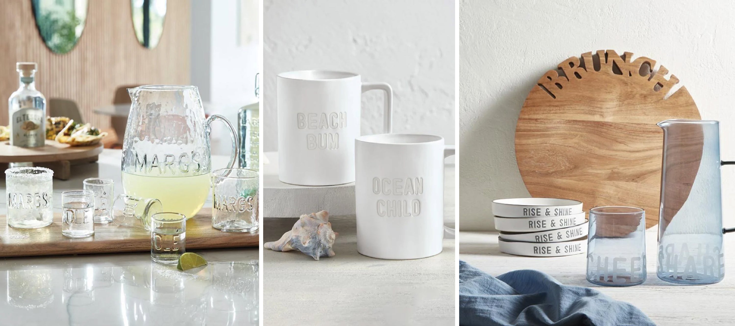 Three panels: margarita set on the left, beach-themed mugs in the center, and brunch set with plates on the right.