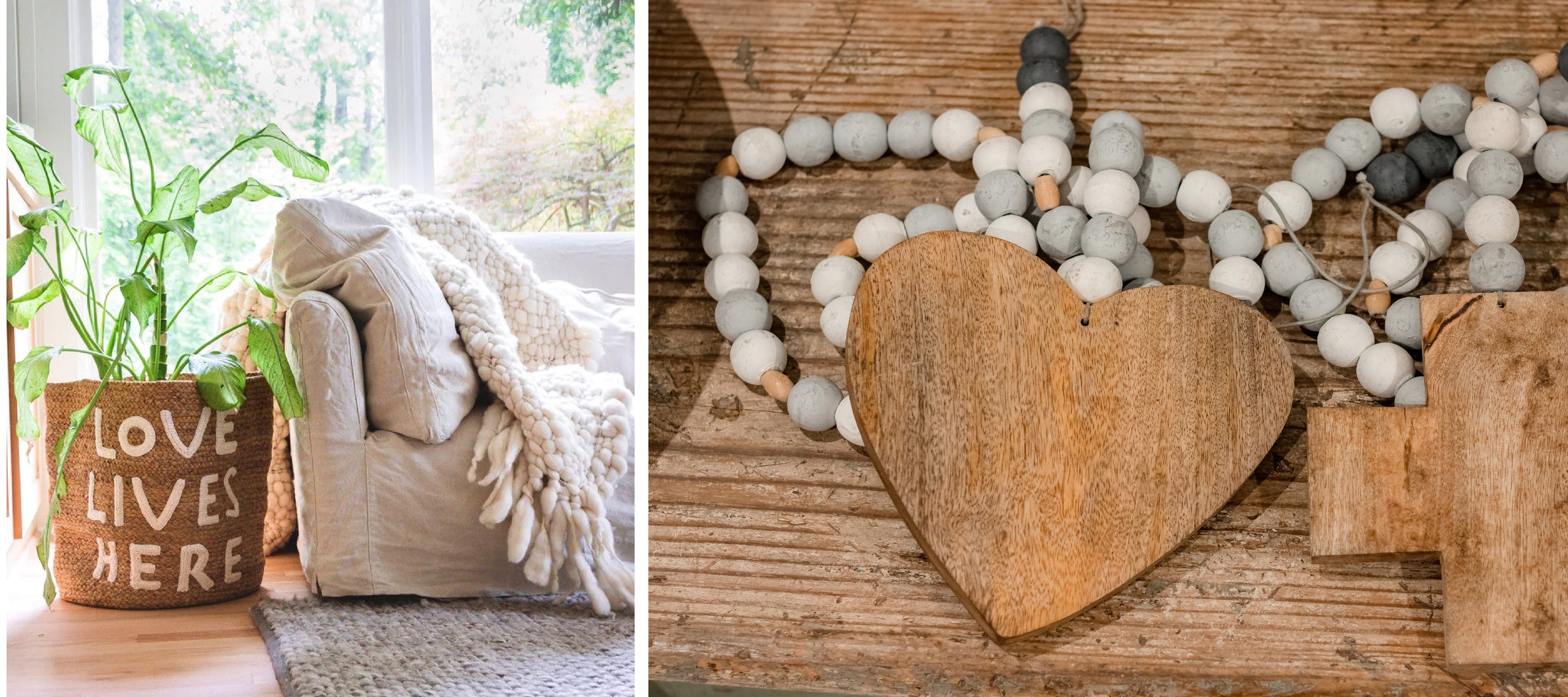 Left: Plant in a basket, text "Love Lives Here," next to a cozy armchair with a chunky knit blanket. Right: Wooden heart and cross with beaded garland.