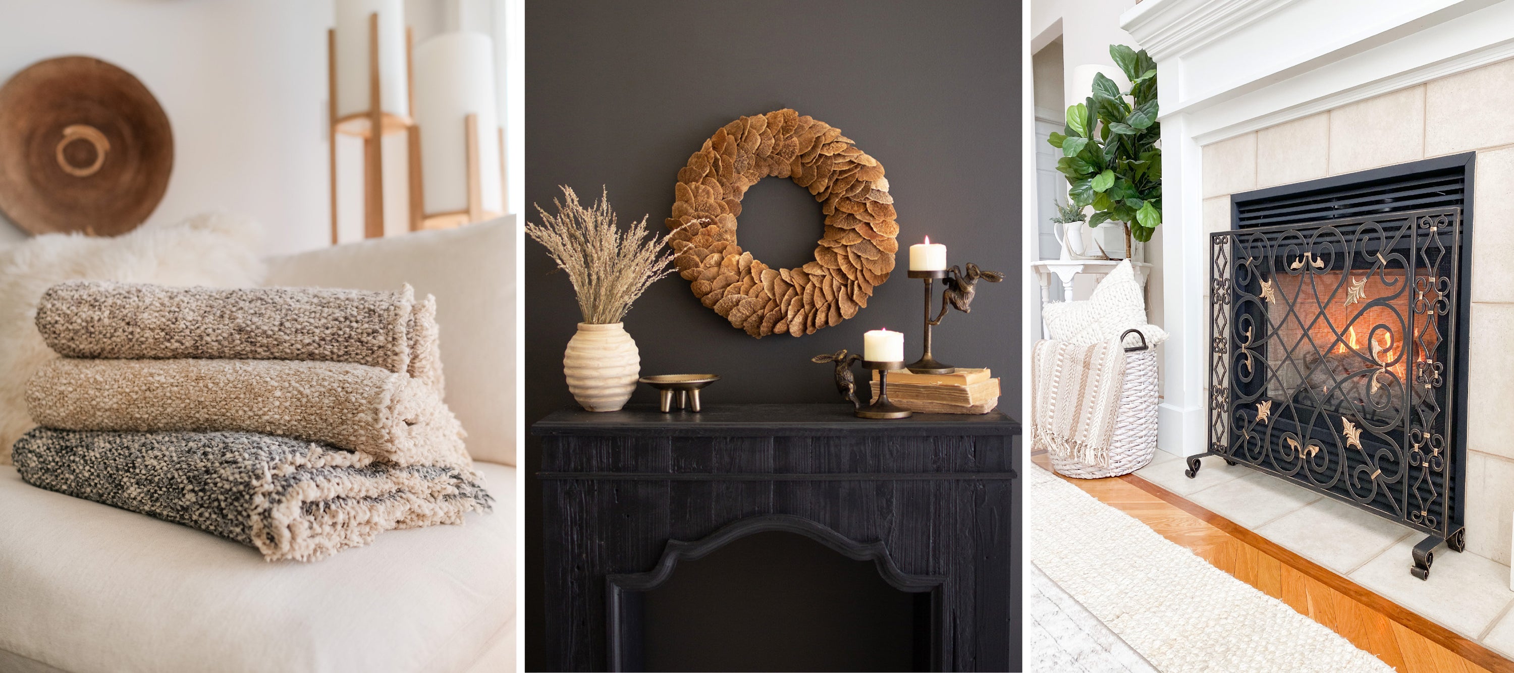 Three-panel image: folded blankets, decor on a dark mantel, and a fireplace with a candle and plant decorations.