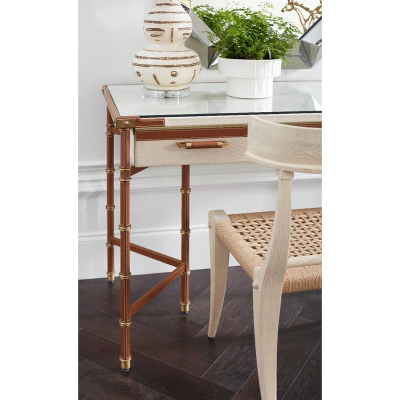 leather wrapped canvas drawer desk tan gold accents