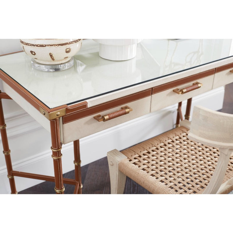 leather wrapped canvas drawer desk tan gold accents