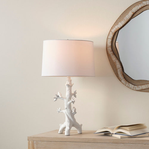 white tree trunk birds leaves table lamp drum shade