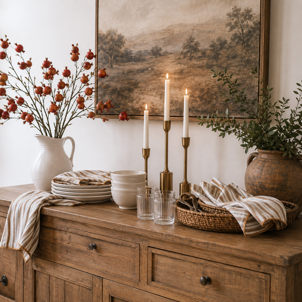Rustic sideboard styled with striped napkins, candles, dishes, and Napa Home & Garden Pomegranate 36″ Branches.