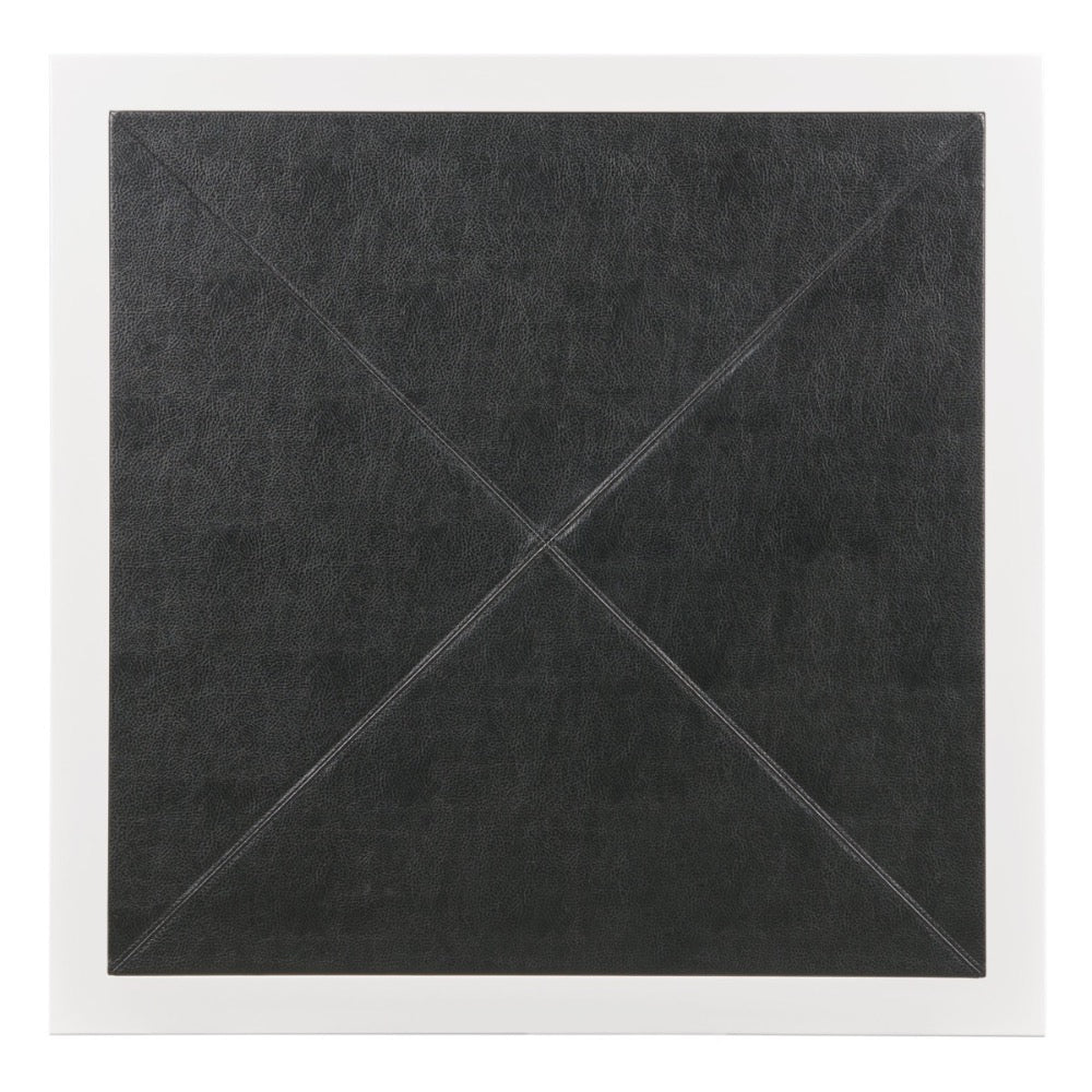 A square black textured table, top view, with stitched diagonal lines forming an X shape, mounted on a white square backing.