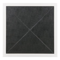 A square black textured table, top view, with stitched diagonal lines forming an X shape, mounted on a white square backing.