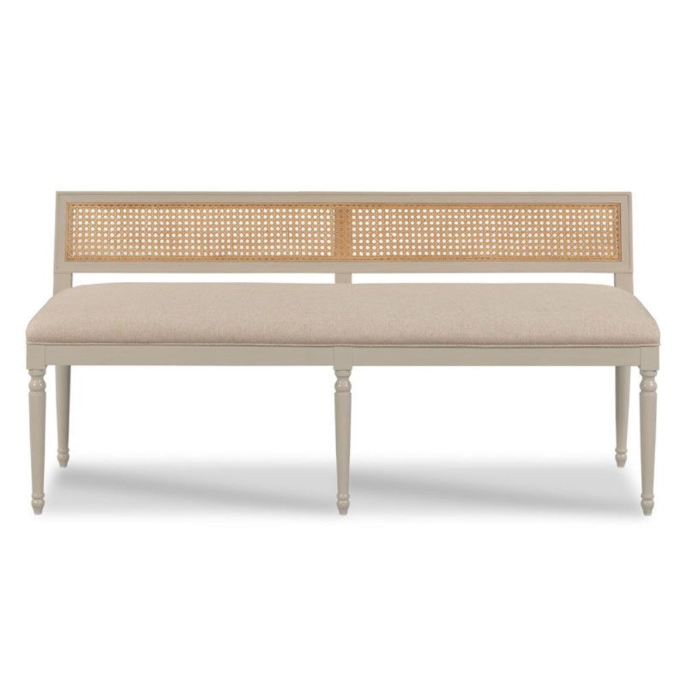 open cane back bench upholstered linen