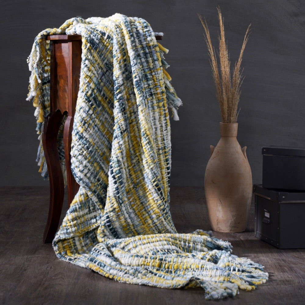 throw chunky woven blue green white fringe