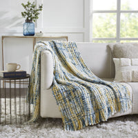 throw chunky woven blue green white fringe