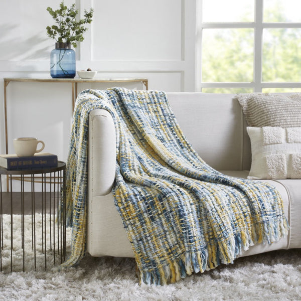 throw chunky woven blue green white fringe