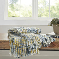 throw chunky woven blue green white fringe