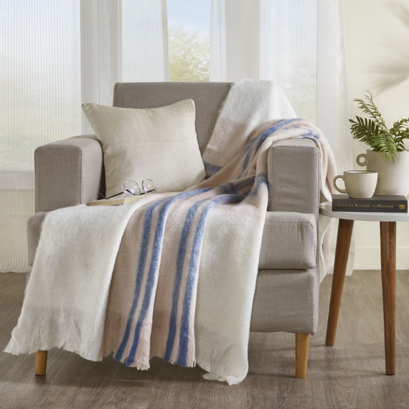 throw mohair blush ivory blue stripes fringe