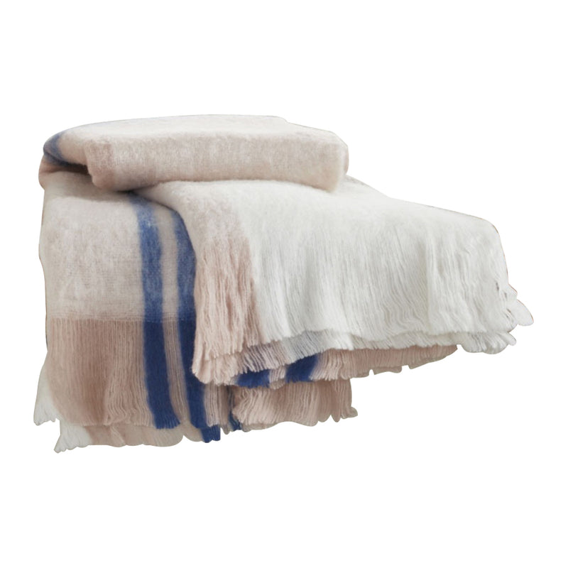 throw mohair blush ivory blue stripes fringe