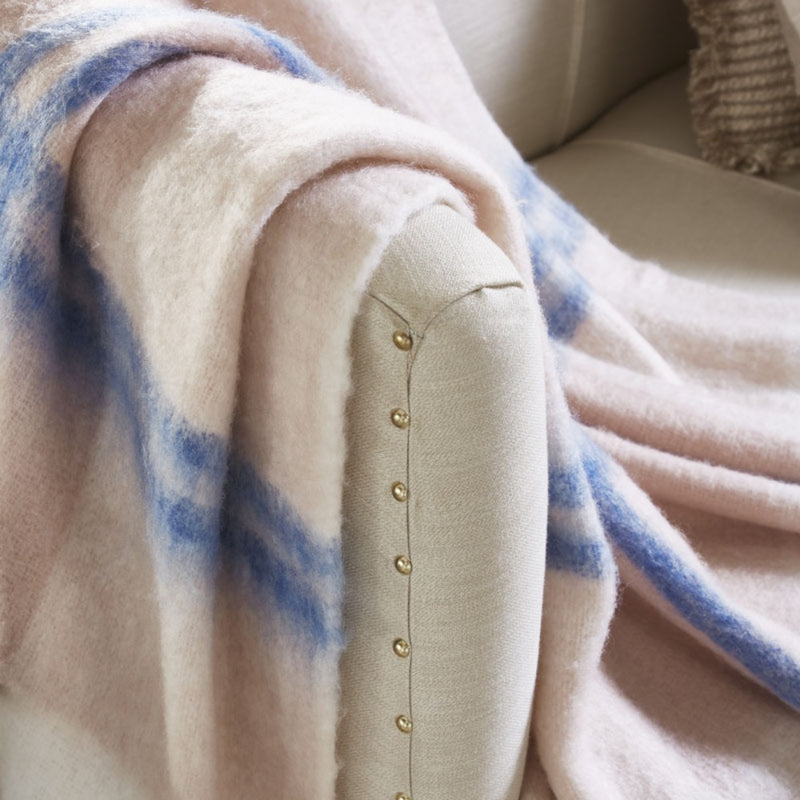 throw mohair blush ivory blue stripes fringe
