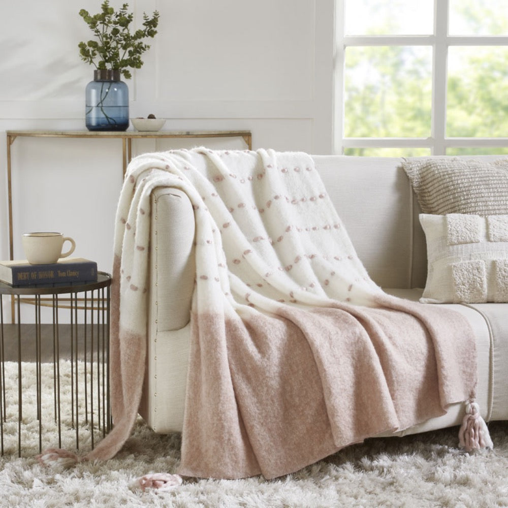 throw mohair blush ivory dotted stripes tassels