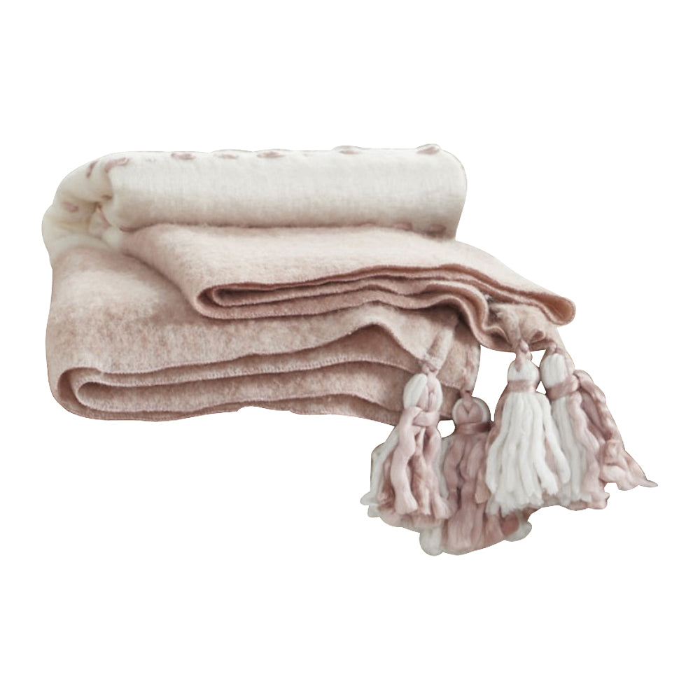 throw mohair blush ivory dotted stripes tassels