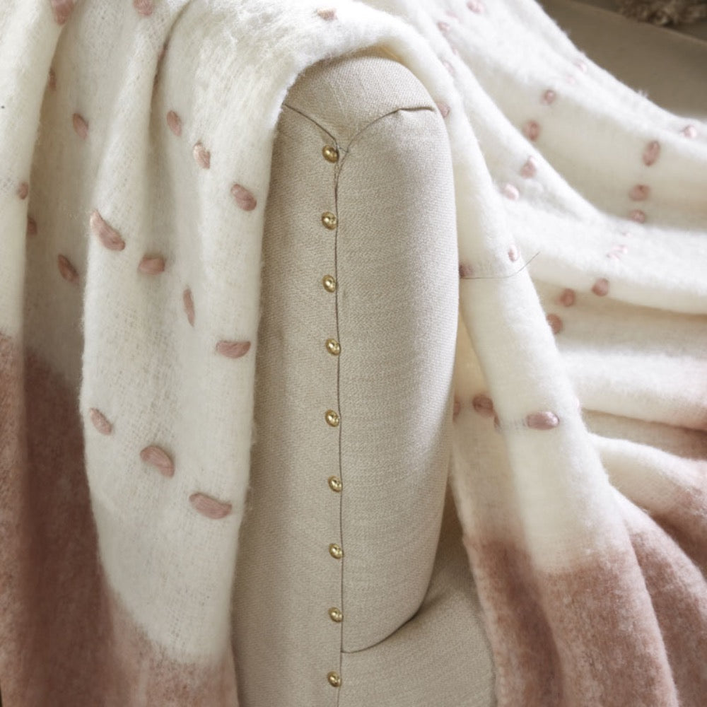 throw mohair blush ivory dotted stripes tassels