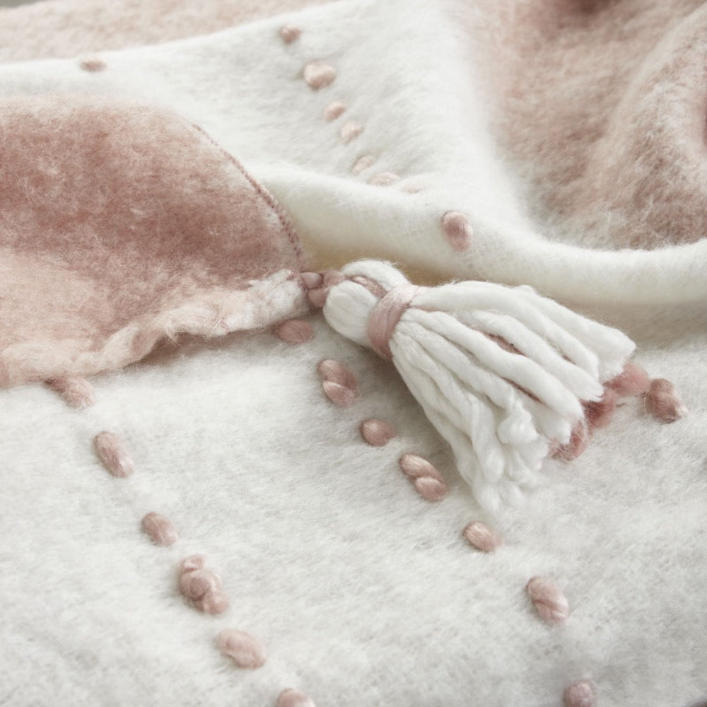 throw mohair blush ivory dotted stripes tassels