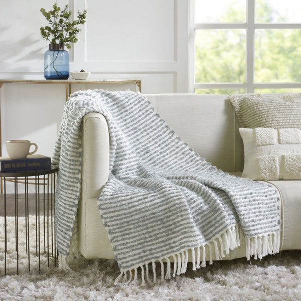 throw ivory grey striped twisted fringe ends