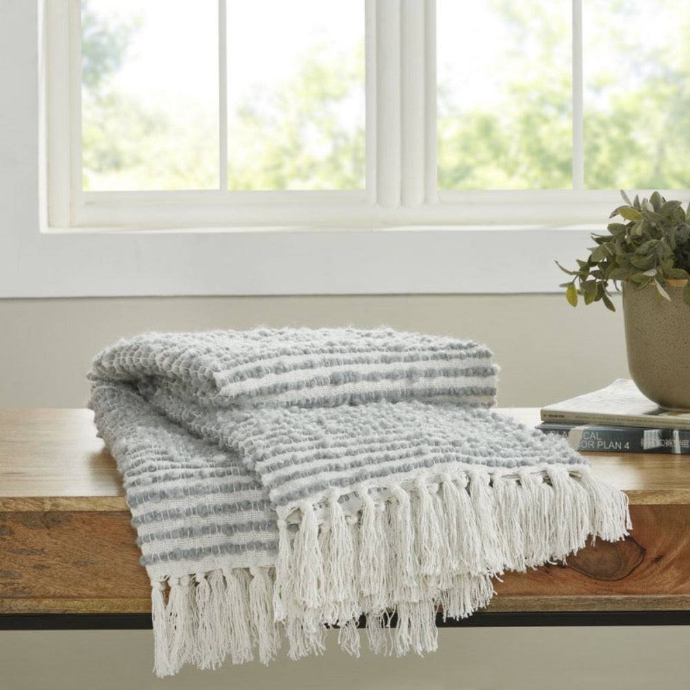 throw ivory grey striped twisted fringe ends